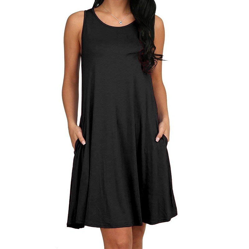 Damenkleid, Sommer, lässig, T-Shirt-Kleider, Strandkleid, einfarbig, plissiert, Tank-Taschen-Kleid