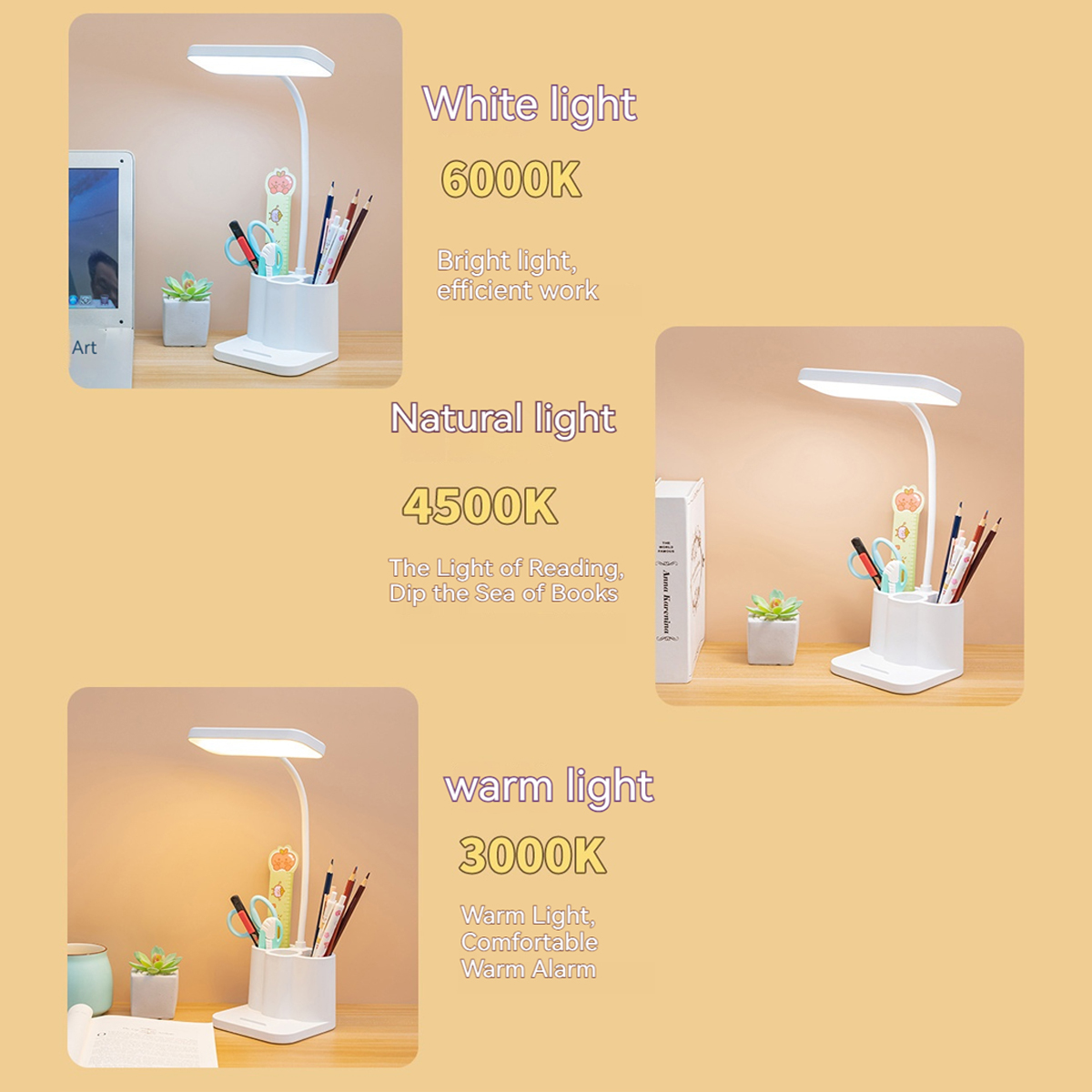 USB LED Eye Protection Table Lamp, Lâmpada de leitura do livro, luz noturna para o quarto, cabeceira, estudo, dormitório, estudante universitário, 3 cores
