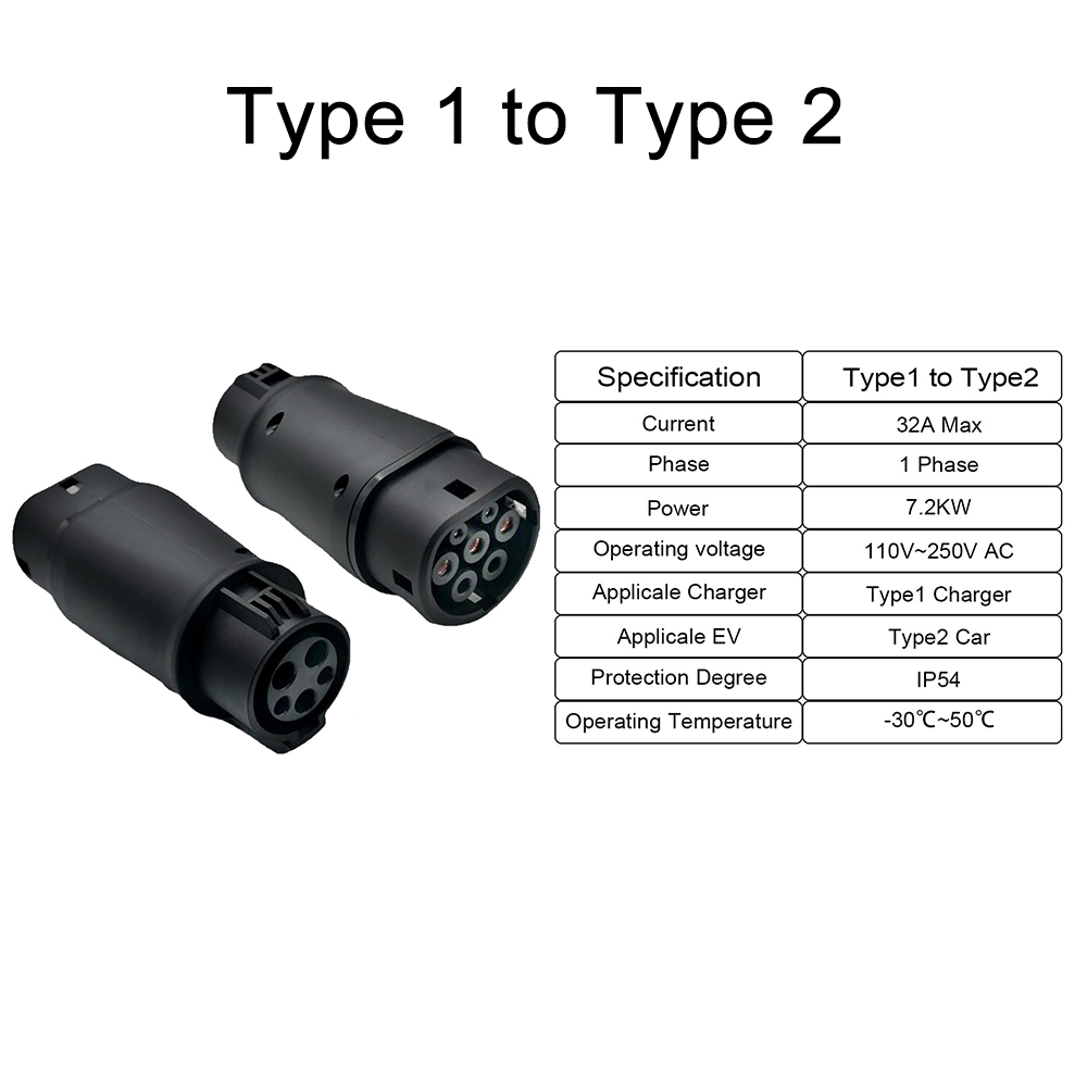 Teschev 32A Type1 a Type2 EV Adaptador de cargador Type2 a GBT Conector de vehículo eléctrico Type2 a Type1 Conventor EVSE
