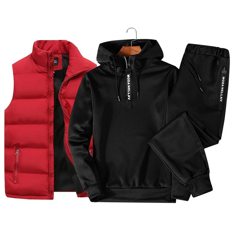Trajes de chándal para hombre, Sudadera con capucha de media cremallera, chaleco impermeable y pantalones de chándal, conjunto de 3 piezas, ropa informal cálida de invierno 2023
