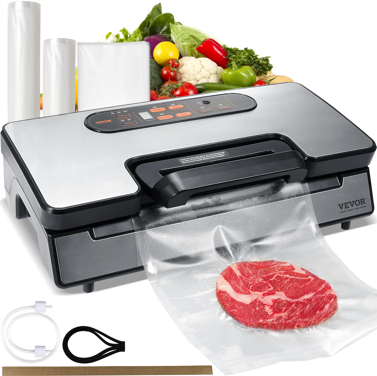 VEVOR Vakuumiergerät 130W Vakuumierer 90Kpa Einschweißgerät 30cm Dichtungslänge Folienschweißgerät für trockene oder feuchte Lebensmittel Inkl. 10x Vakuumbeutel,2x Vakuumbeutelrolle und Schlauch