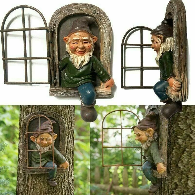 Elf Out The Door/Window Tree Hugger Naughty Garden Gnome Statue Tree Decor