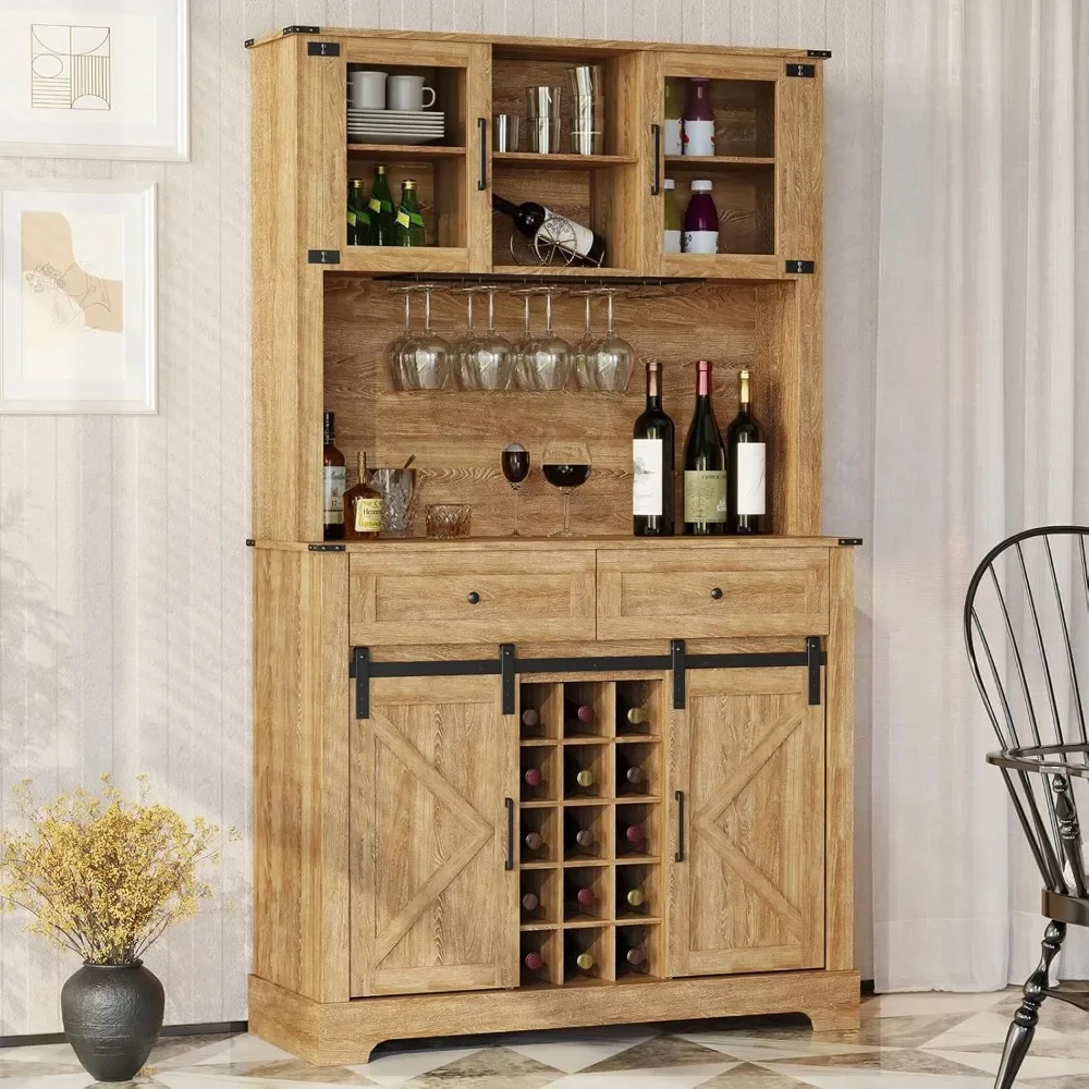 Kaffee-Barschrank mit Wein- und Glasregalen, 72" Schrank mit Schiebetür im Landhausstil