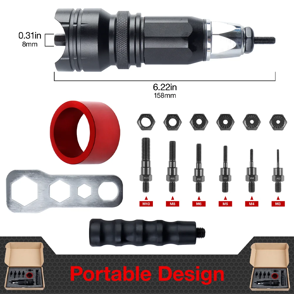 Pistolet à riveter électrique professionnel, outil de rivetage d'écrous à faire soi-même, outil de rivetage M3 M4 M5 M6 M8 M10, machine à riveter sans fil, pistolet à riveter à traction