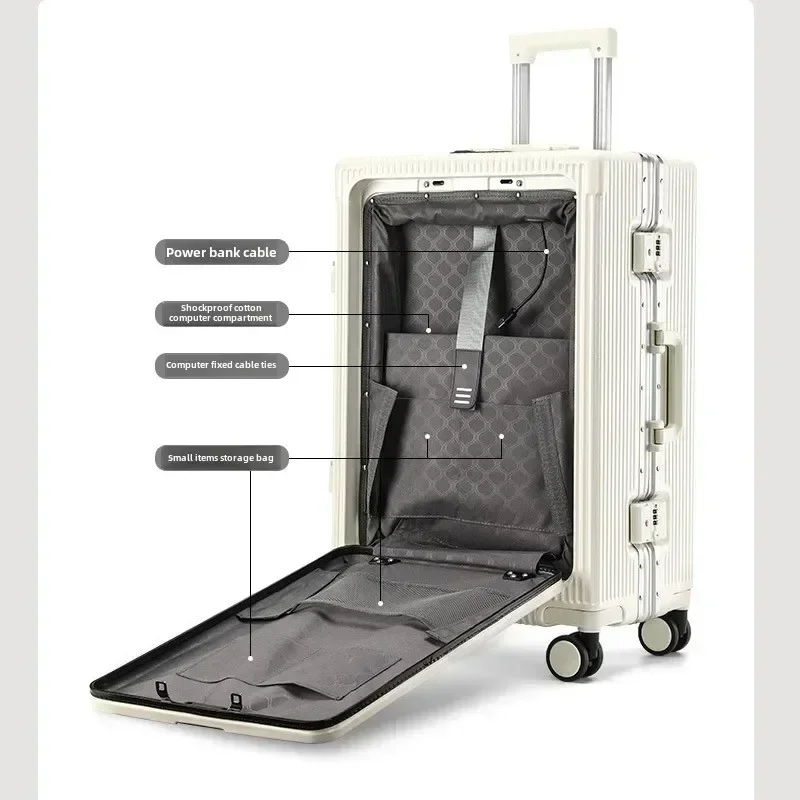 Vorne öffnender Rollgepäckkoffer mit großer Kapazität, Aluminiumrahmen, ABS + PC-Trolley, Koffer, USB-Lade-Boarding-Koffer