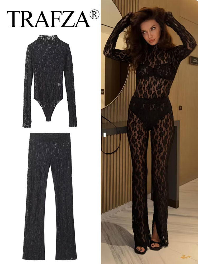 Trafza conjuntos de calças de renda femininas macacões finos top + calças de cintura alta sexy senhora floral renda translúcida y2k bodysuit ternos