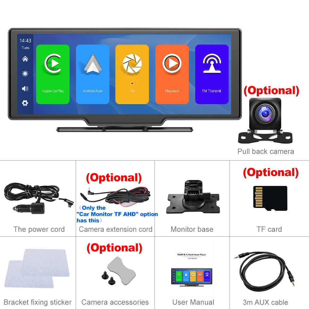 Podofo 10,26 "cámara de salpicadero 4K cámara de visión trasera inalámbrica Carplay Android Auto GPS con Control de voz tablero DVR Monitor de coche