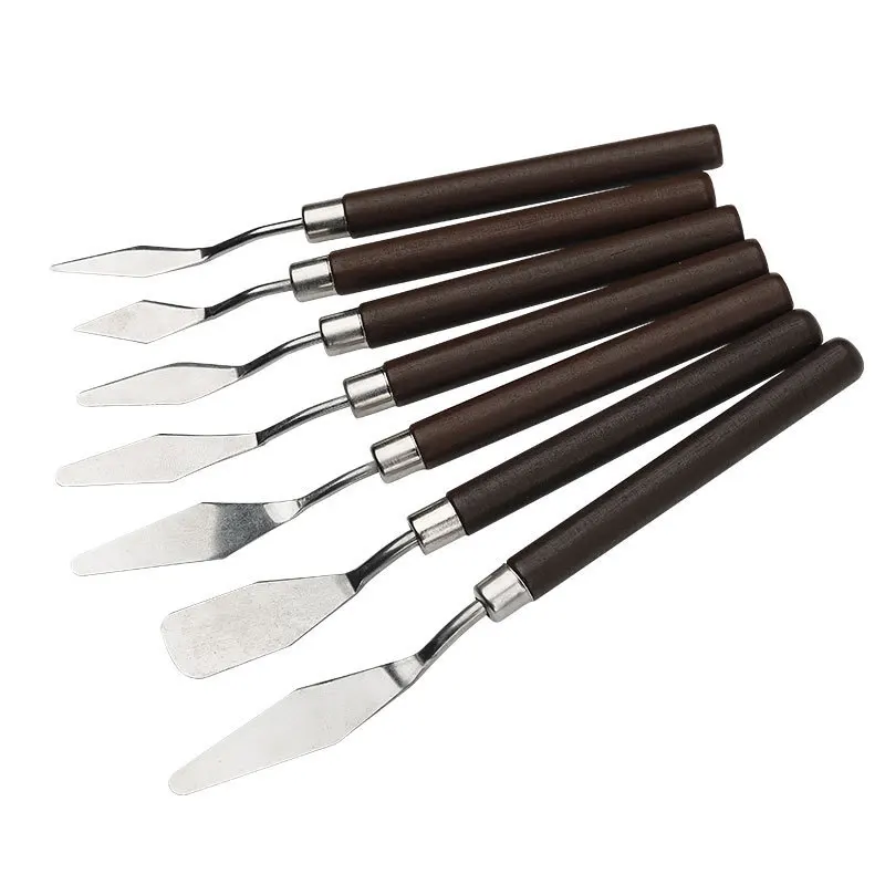 7PCS Watercolor Mixed Art Oil Painting Scraper Set Wood Stainless Steel Gouache Paint Pigment Mixing Knife Hand Tool