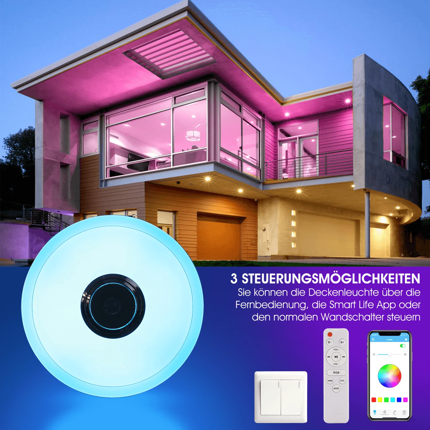 36-W-LED-Deckenleuchte mit Bluetooth-Lautsprecher, dimmbar mit Fernbedienung und APP-Steuerung, LED-Deckenleuchte mit RGB-Farbwechsel