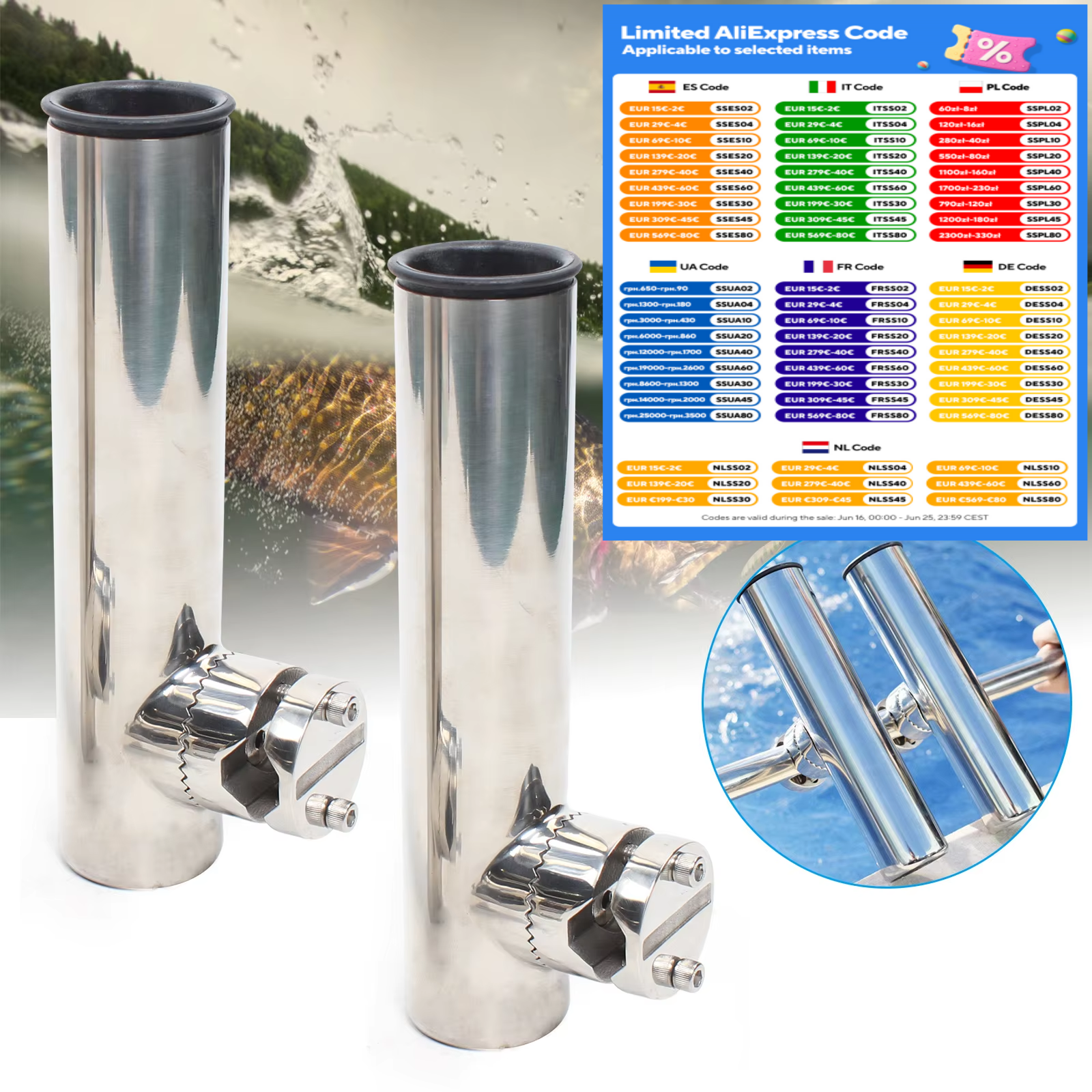 2 Stuks Roestvrijstalen Hengelhouders Voor Vissersboten Voor Rails Van 19 Mm (3/4 ") Tot 25 Mm (1") Dia.