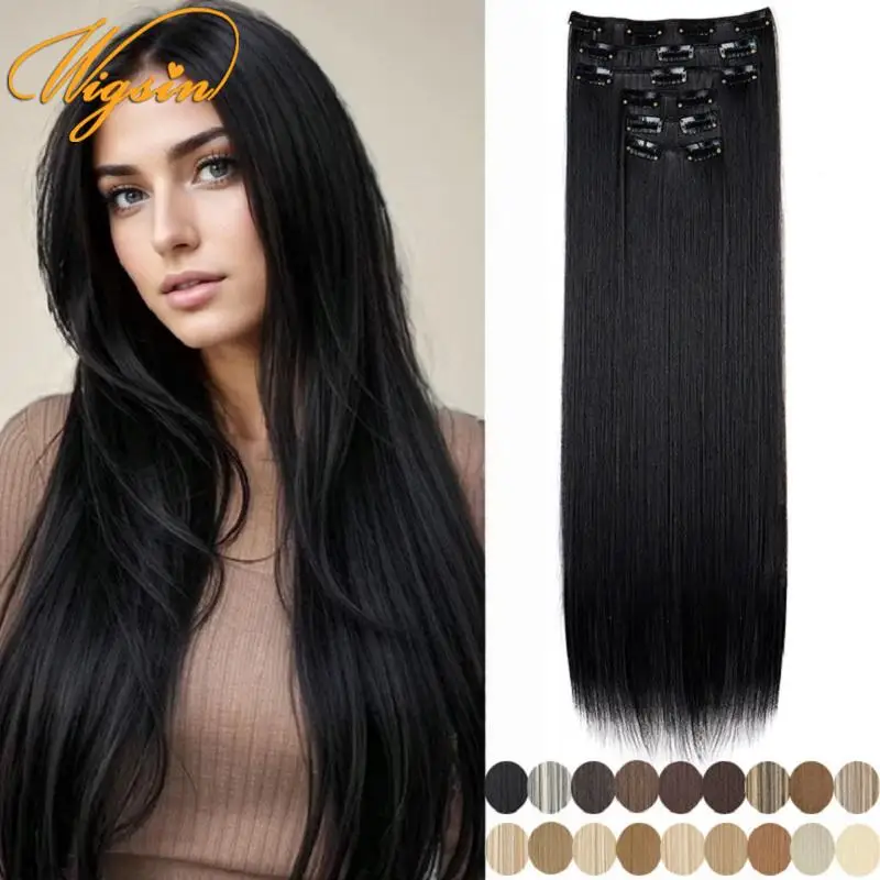WIGSIN Synthetische 6 teile/satz 24 Zoll Lange Glatte Haarverlängerungen Clip-in Hitzebeständige Schwarz Blonde Haarteil für Frauen