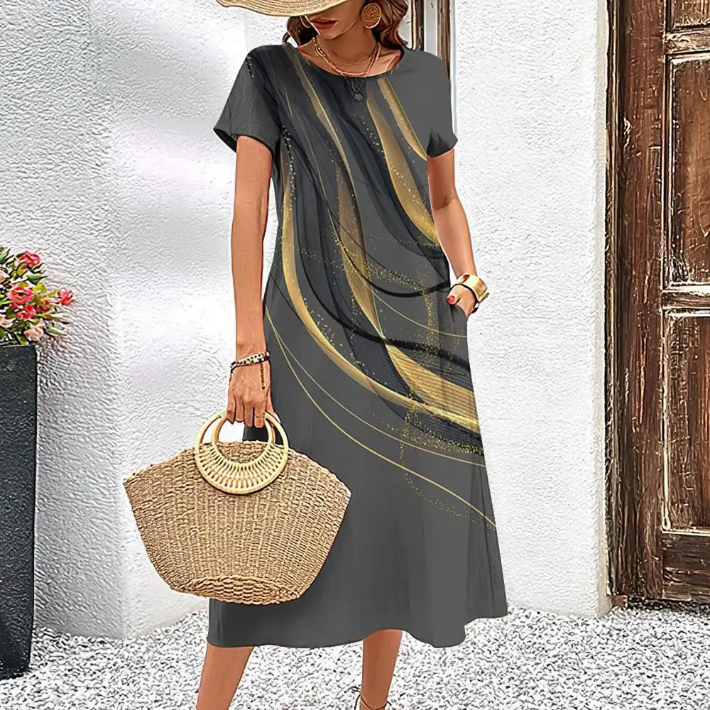 Elegantes Damenkleid, Sommer, kurze Ärmel, Kleider, Streifen, bedruckt, Damenbekleidung, lockerer A-Linien-Rock, lässiger Pullover mit rundem Kragen