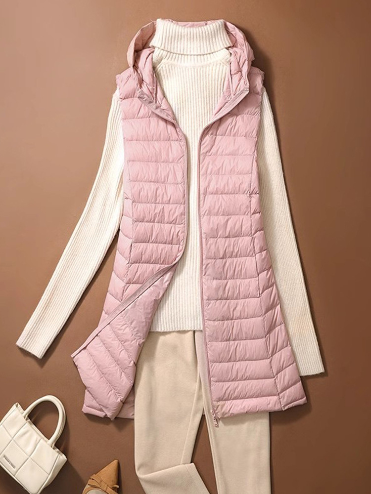 0-10 ℃   女性チョッキ 2024 秋冬超軽量ダックダウンベストポータブルフード付きキルティングノースリーブコートフグロングライナー