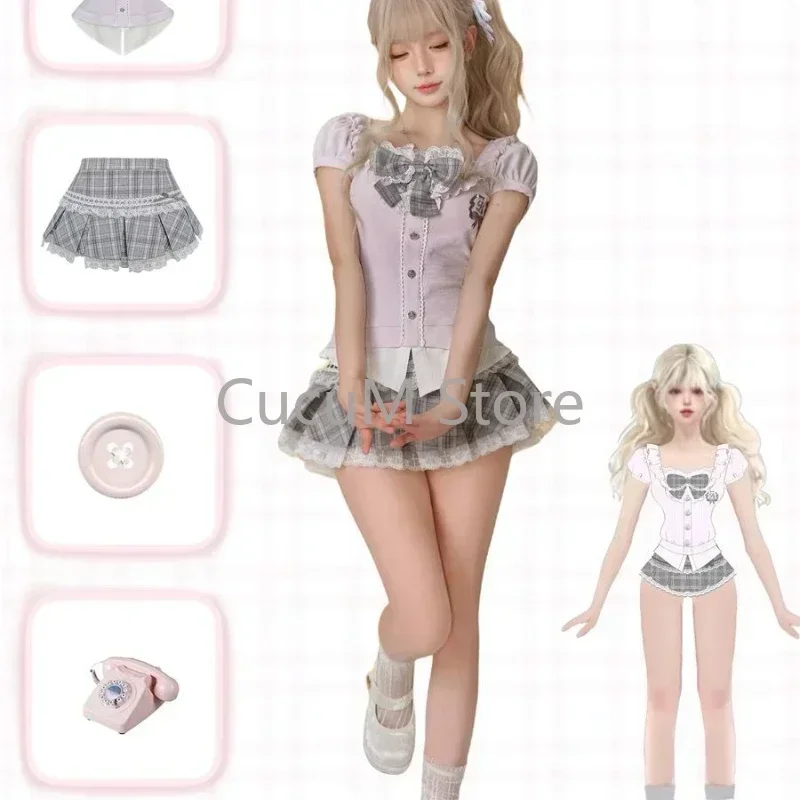 女性日本のかわいいプレッピースタイルスカートセット甘いレースパッチワークボウトップス Y2k チェック柄ミニスカート女性のエレガントなロリータ衣装