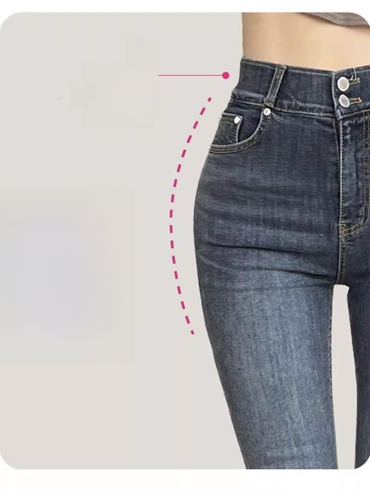 High Waist Flared Jeans Basic Versatile Slim Fit Double Buckle Retro Spring Autumn Women's Premium Denim Pants A·fashion