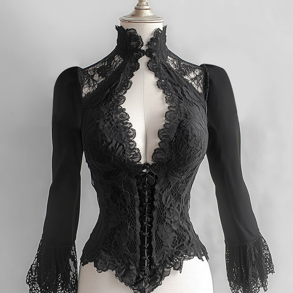 Французская корсетная блузка, женская черная облегающая элегантная кружевная прозрачная рубашка с воротником-стойкой и расклешенными рукавами, женская блузка