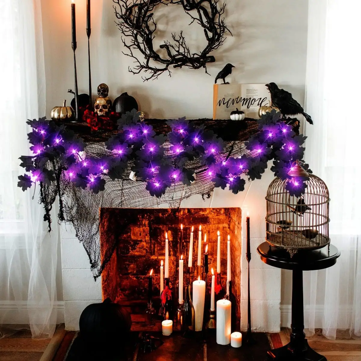 1 unidad de enredaderas artificiales colgantes para Halloween con 20 LED, guirnalda de hojas negras con luces moradas, Atmo de terror alimentado por batería