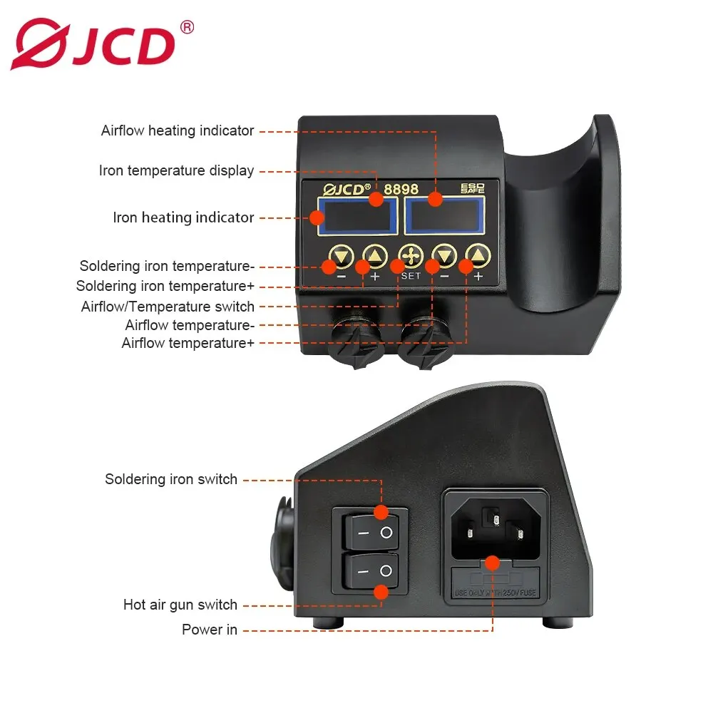 はんだ付けステーションJCD-8898 W, 2 in 1,はんだごて,熱風ガン,電話,bga,smd,修理ツール用のリワーク溶接ステーション