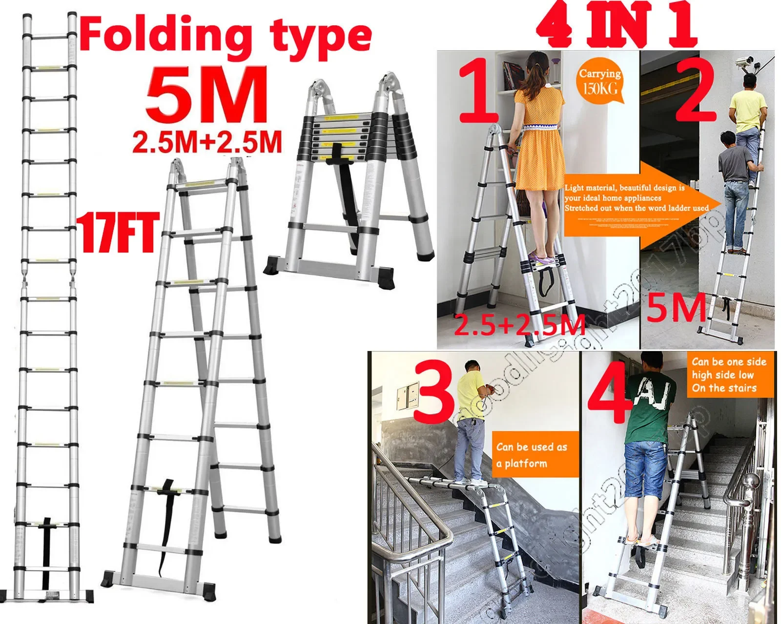 Scala telescopica multiuso in alluminio da 16,5 piedi (8,2 piedi + 8,2 piedi)/5 m, scala pieghevole estensibile, gradini antiscivolo, capacità di carico di 150 kg