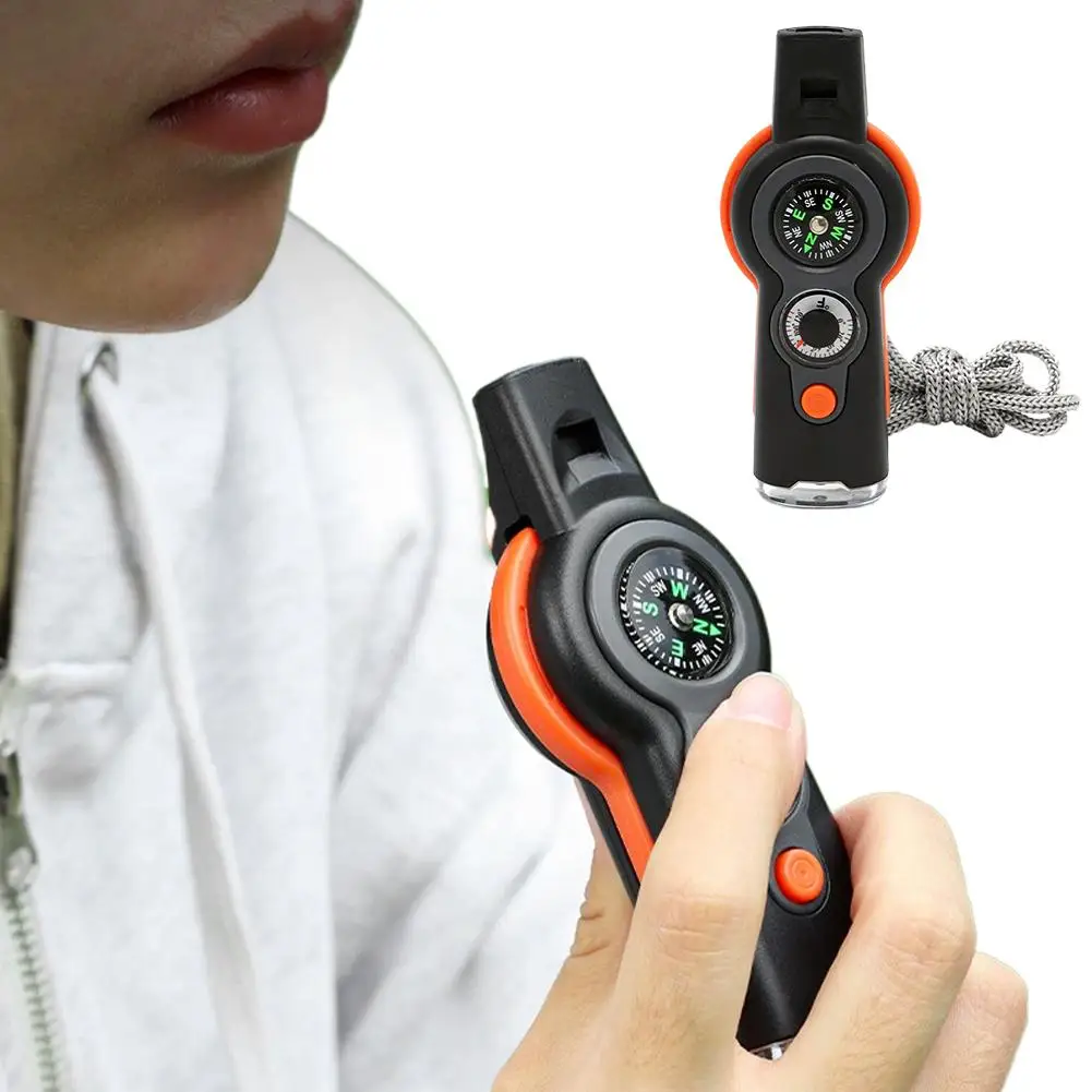 Sifflet de survie d'urgence 7 en 1, fonction de survie d'extérieur, multifonctionnel, avec lanière, boussole, lampe de poche, Camping, randonnée ﻿