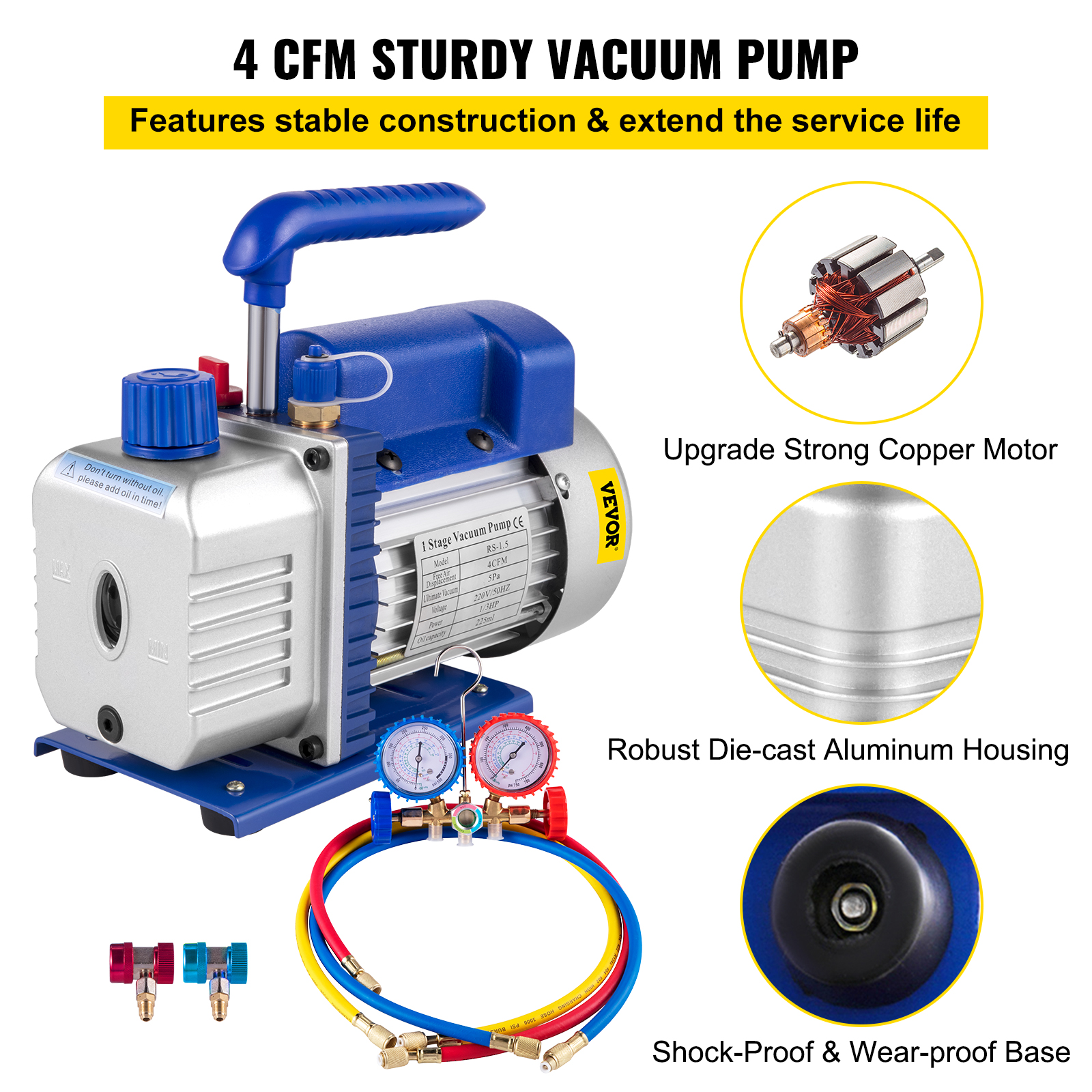 VEVOR Pompa a vuoto ad alta efficienza Manometro singolo stadio vuoto 1720RPM Kit pompa a vuoto 4CFM 1 / 3HP con 3 tubi