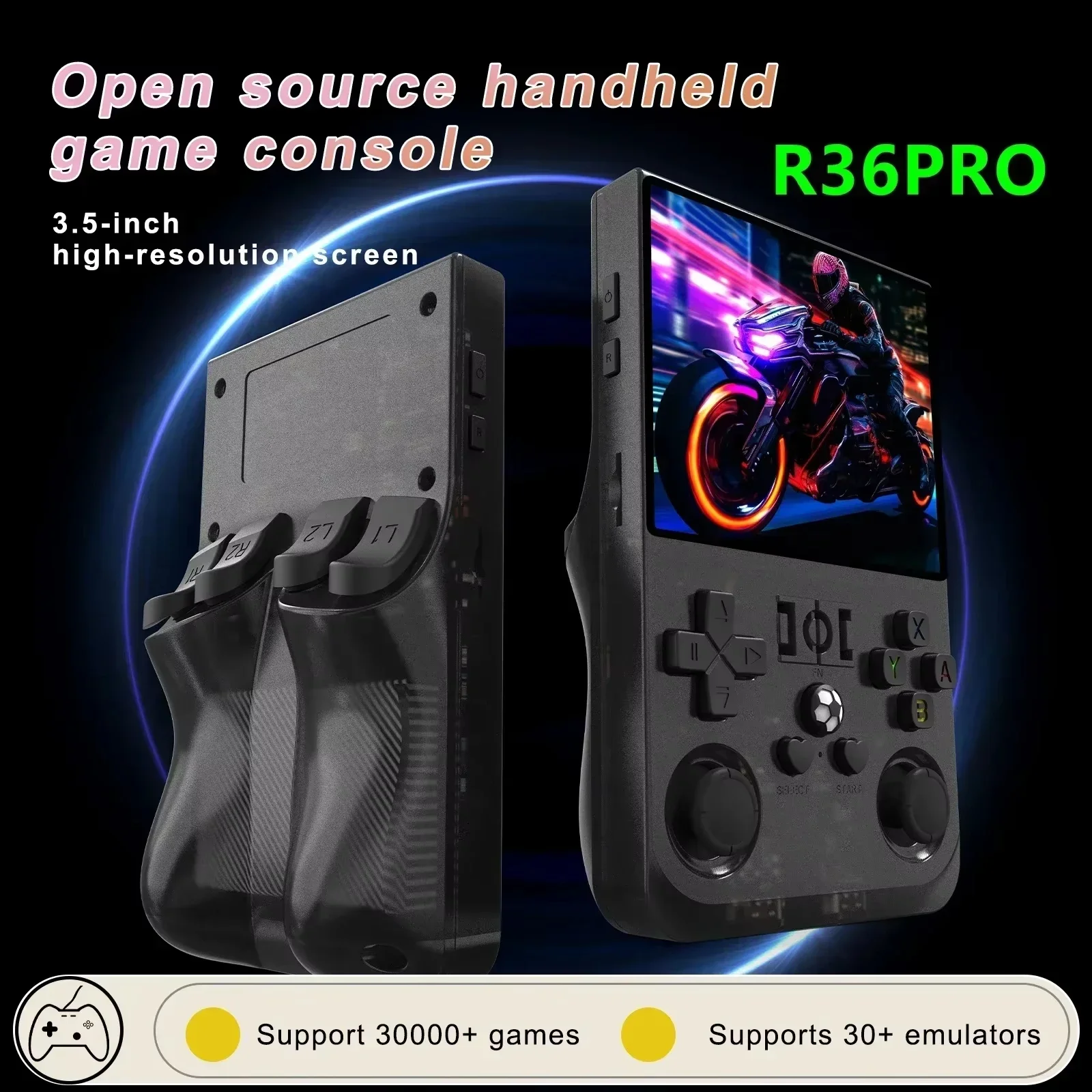 Console per videogiochi portatile R36PRO, sistema Linux, schermo IPS da 3,5 pollici, lettore video tascabile portatile, 64 GB, 128 GB