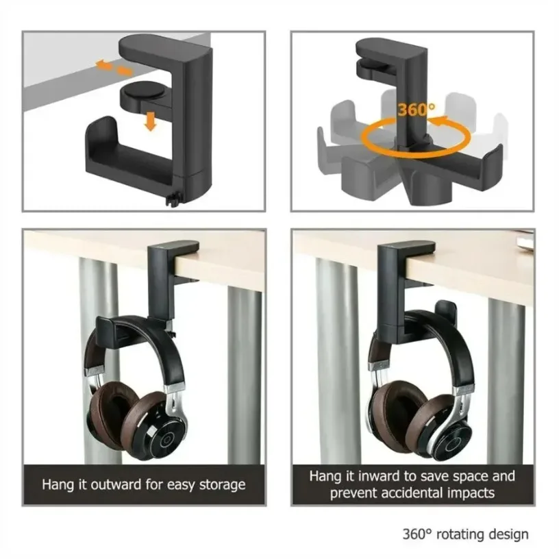 360° Rotating  Adjustable Table Clip Gaming Headphone Stand and Table Hook Non Perforated Table Clip Hook Desktop Clip on