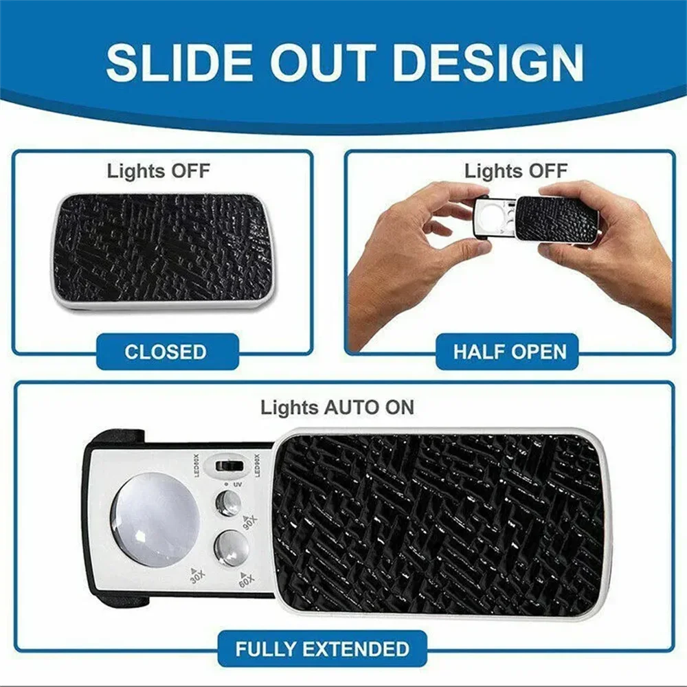 Lupa de aumento Triplex portátil 30X-90X-Lupa de joyería con luz LED/UV deslizante para gemología de precisión y micrograbado
