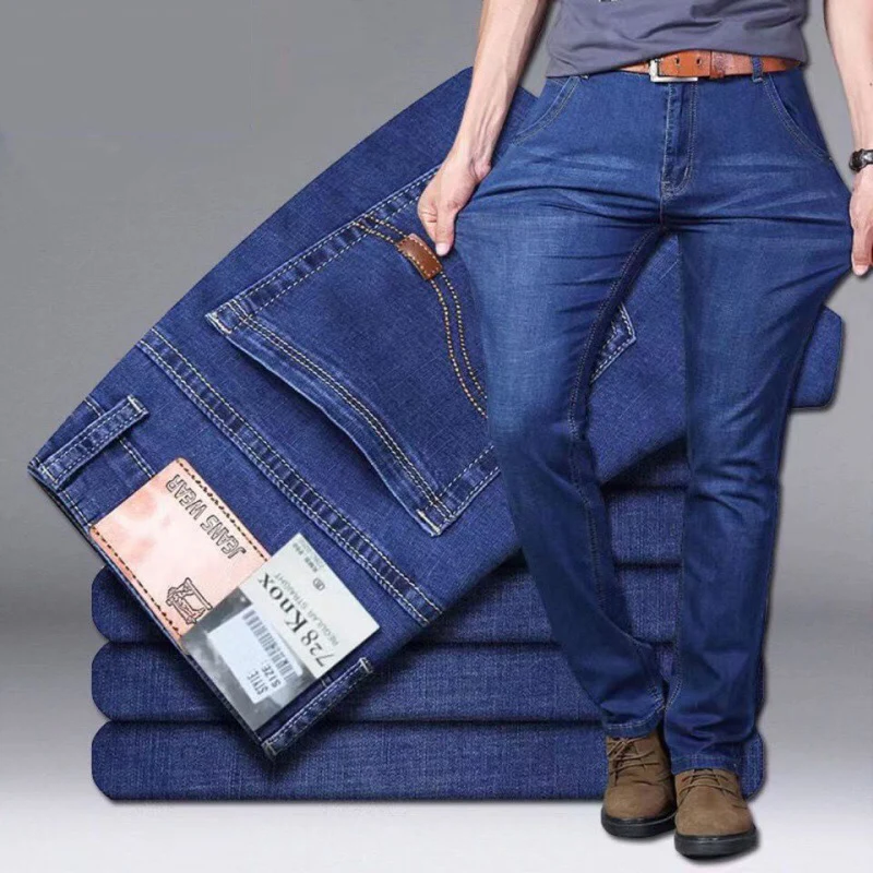 Nuevos pantalones ligeros de lujo elásticos ajustados para hombre, cómodos y suaves pantalones vaqueros informales rectos a la moda de negocios, ropa de marca masculina