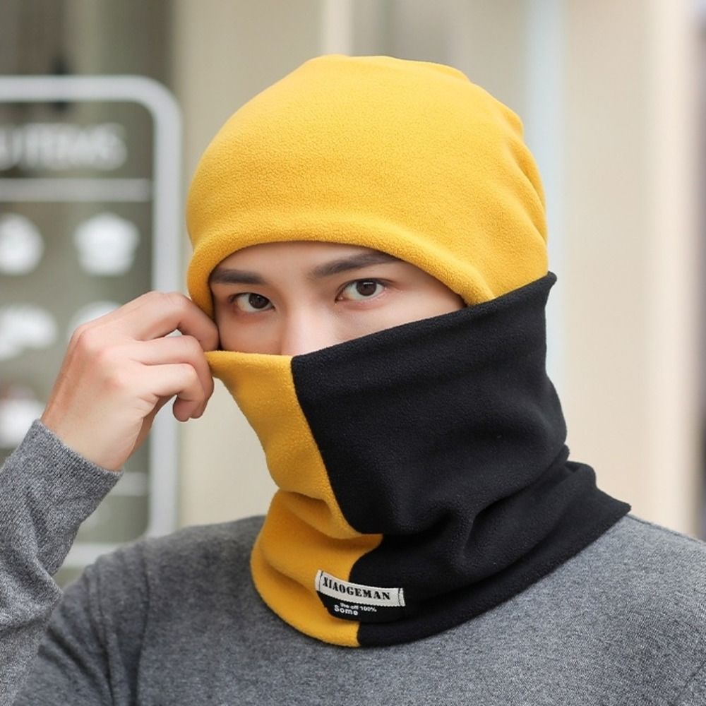 Fashion Thicken Men's Neck Warmer Hat Snood Velvet Scarf Cap Set Color Blocking Soft Pullover Cap Men Winter