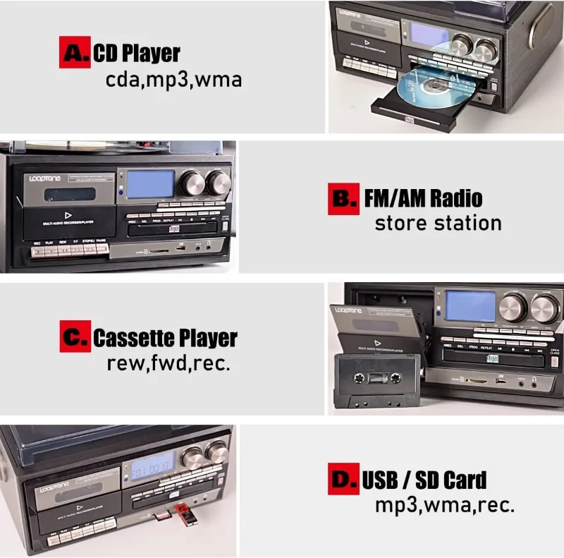 Vinyl Record Player 10 in 1 3 Speed Bluetooth Vintage Turntable CD Cassette Player AM