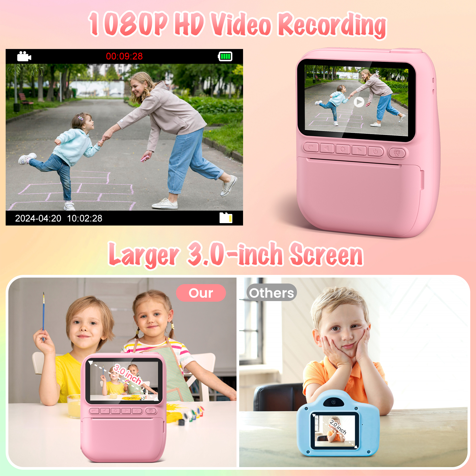 Natychmiastowa kamera do drukowania dla dzieci, 3,0-calowy aparat dla dzieci dla 6-12 lat, cyfrowy aparat 32 MP HD 1080P z 3 rolkami papieru do drukarki