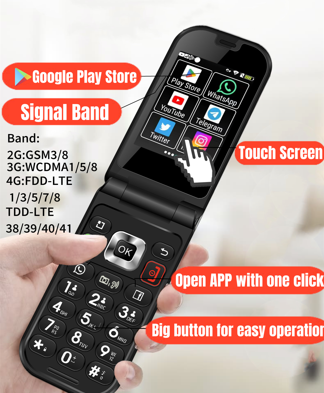 TIQ Q3 Flip Touch Screen Android 8 MTK6739 Google Play 2.8 Inch 3GB 32GB Mobile Phone