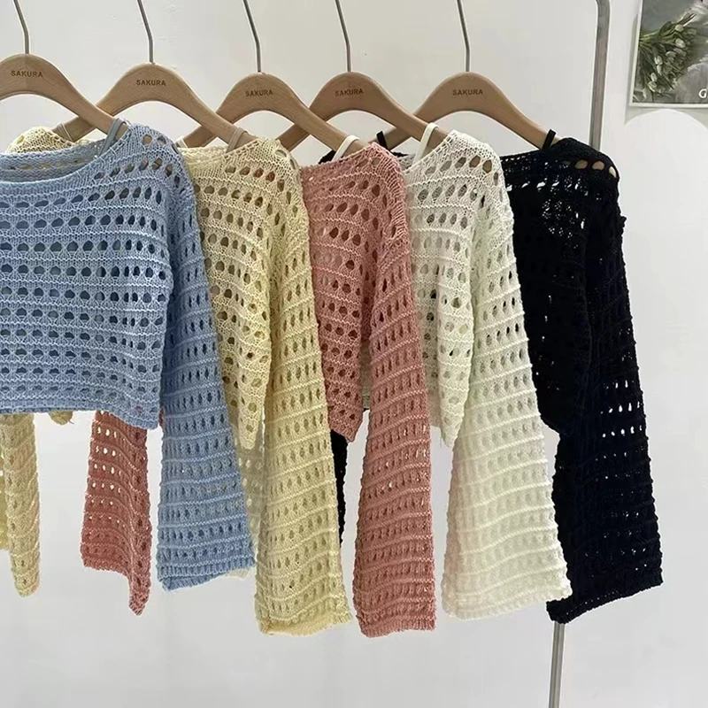 긴 소매 크로 셰 뜨개질 니트 탑 여름 해변 비키니 커버 자르기 풀오버 울 니트 블라우스 여성 휴가 Boho 복장