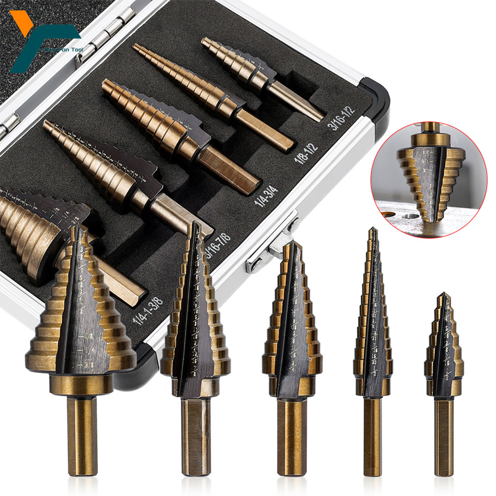 5Pcs Step Drill Bit Straight Groove Pagoda Hole Cutter Metal Cone Drill Bit Hole Opener  3/16" 1/2" 1/4" 3/4" 1-3/8" 7/8" 1/8"
