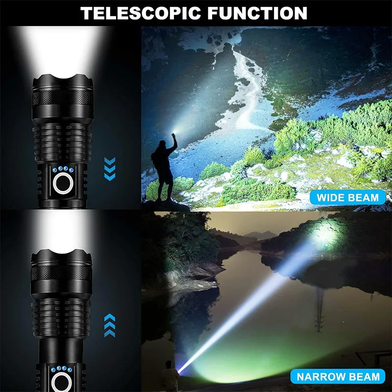 Linterna táctica LED recargable de alta potencia, lámpara con Zoom telescópico de aleación de aluminio para acampar al aire libre y pescar