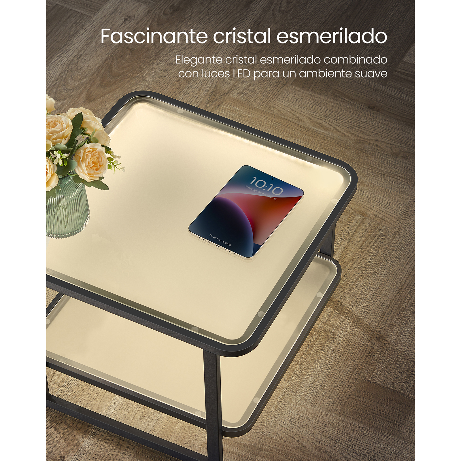 VASAGLE-Juego de 2 mesas de centro de anidación con luces LED, mesas laterales cuadradas modernas, vidrio esmerilado, estante Blanco/negro