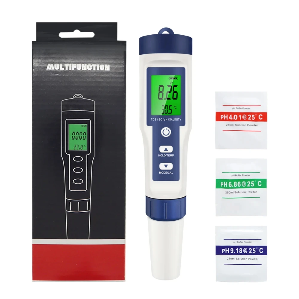 5 In 1 Digital PH TDS EC Meter เครื่องทดสอบอุณหภูมิความเค็มการนําไฟฟ้ากรองน้ําความบริสุทธิ์ปากกา Backlight