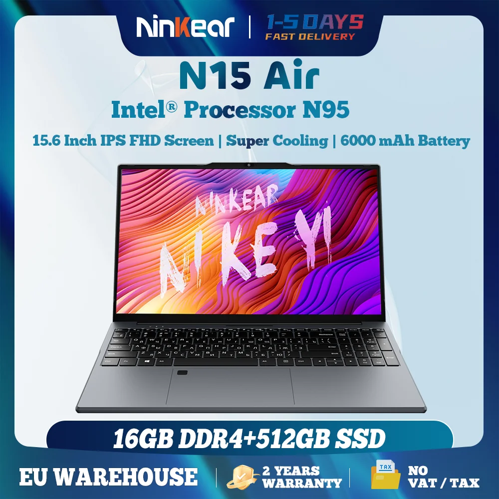 Ninkear N15 Air laptop Intel N95 15.6' FHD IPS 16GB DDR4 512GB SSD Podświetlana klawiatura Odblokowanie odcisków palców Notebook