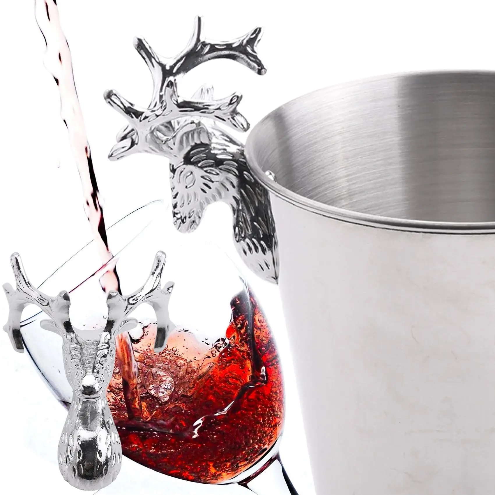Aço inoxidável Baldes de Gelo com Deer Head Handle, Isolado Wine Bucket, Champagne Bucket para Paties e Bar (S)