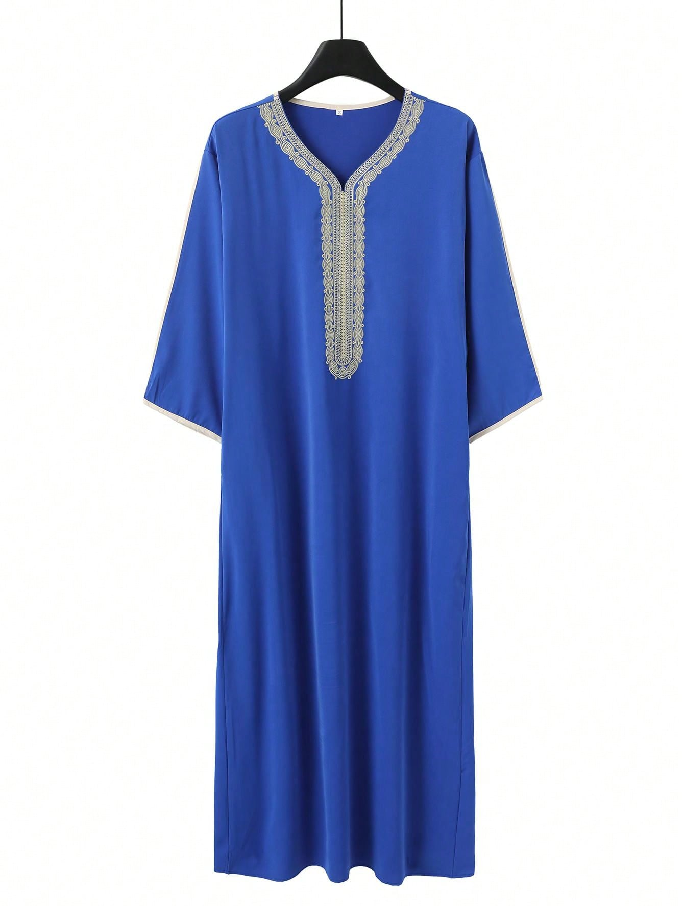 男性用長袖刺embroideredローブ,レトロなイスラム教徒の服,ガンドウジャバドル,サイドポケット,青,2021