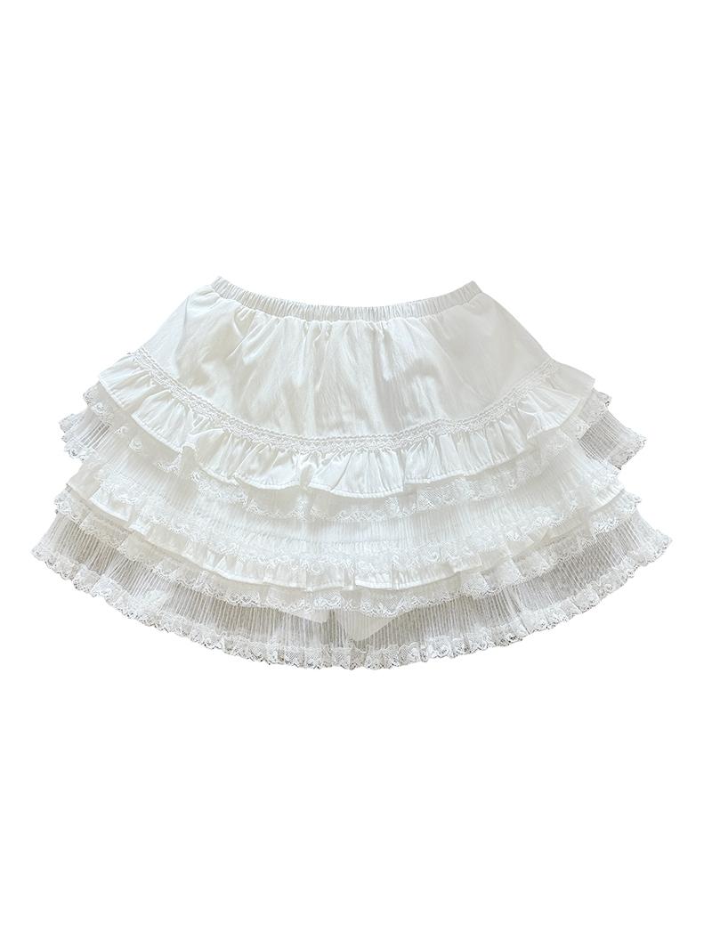 甘いショートレーススカート ホワイト ふわふわバレエスタイル ハーフ丈 ガールズミニスカート ハイウエスト Aラインスカート ポリエステル混紡 カジュアルウェア