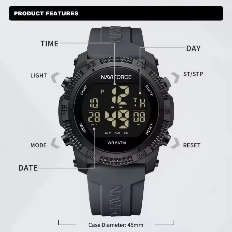 Naviforce 7104 esportes masculino lcd digital lazer data semana despertador à prova dwaterproof água pulseira de silicone relógio eletrônico électronique