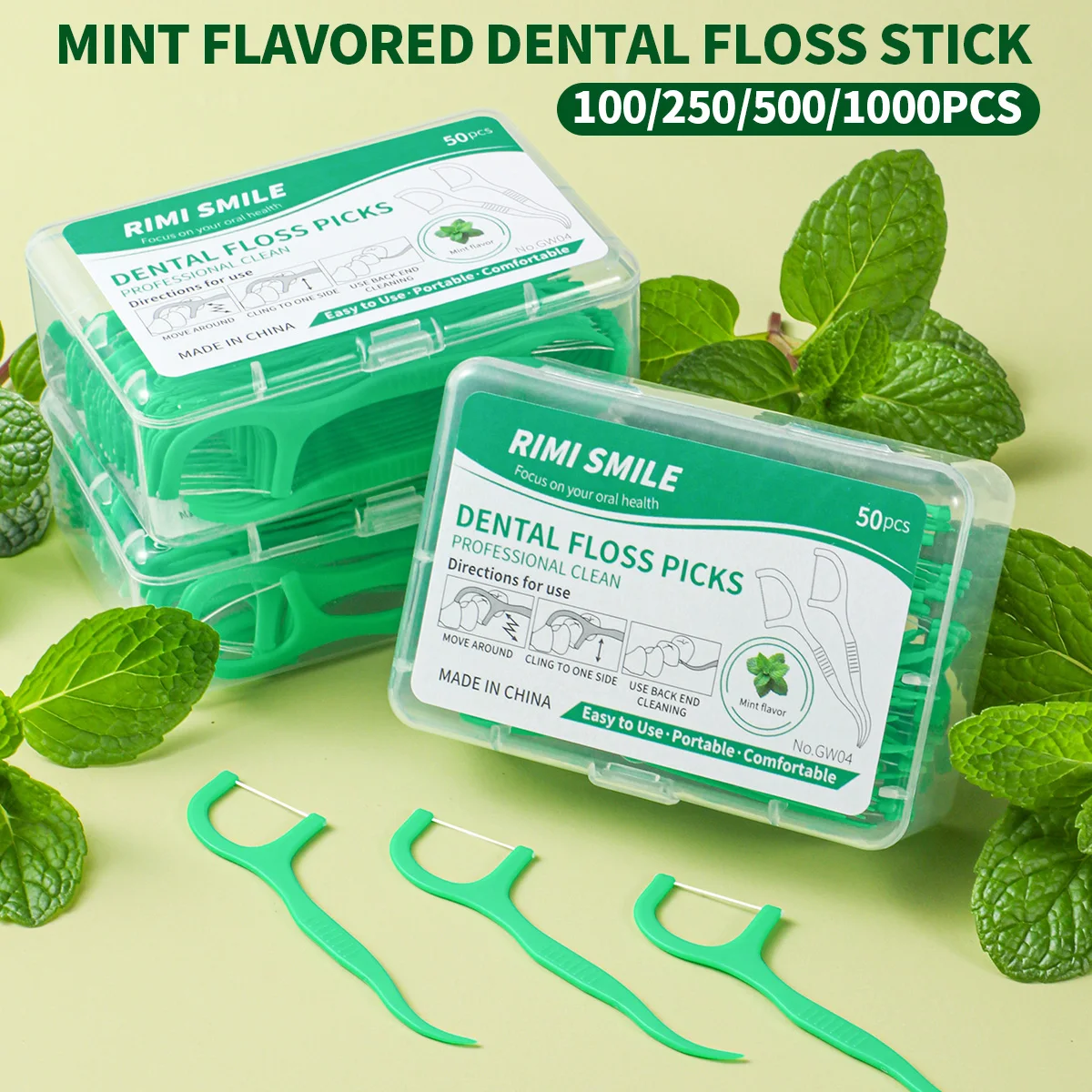 100/250/500/1000 Uds., palo de hilo dental con sabor a menta, 50 uds/caja, herramienta de limpieza para huecos interdentales