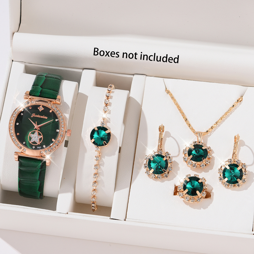 Set da 6 pezzi orologio al quarzo di lusso verde da donna anello collana orecchino strass orologio da polso moda casual orologi da polso da donna 6 pezzi