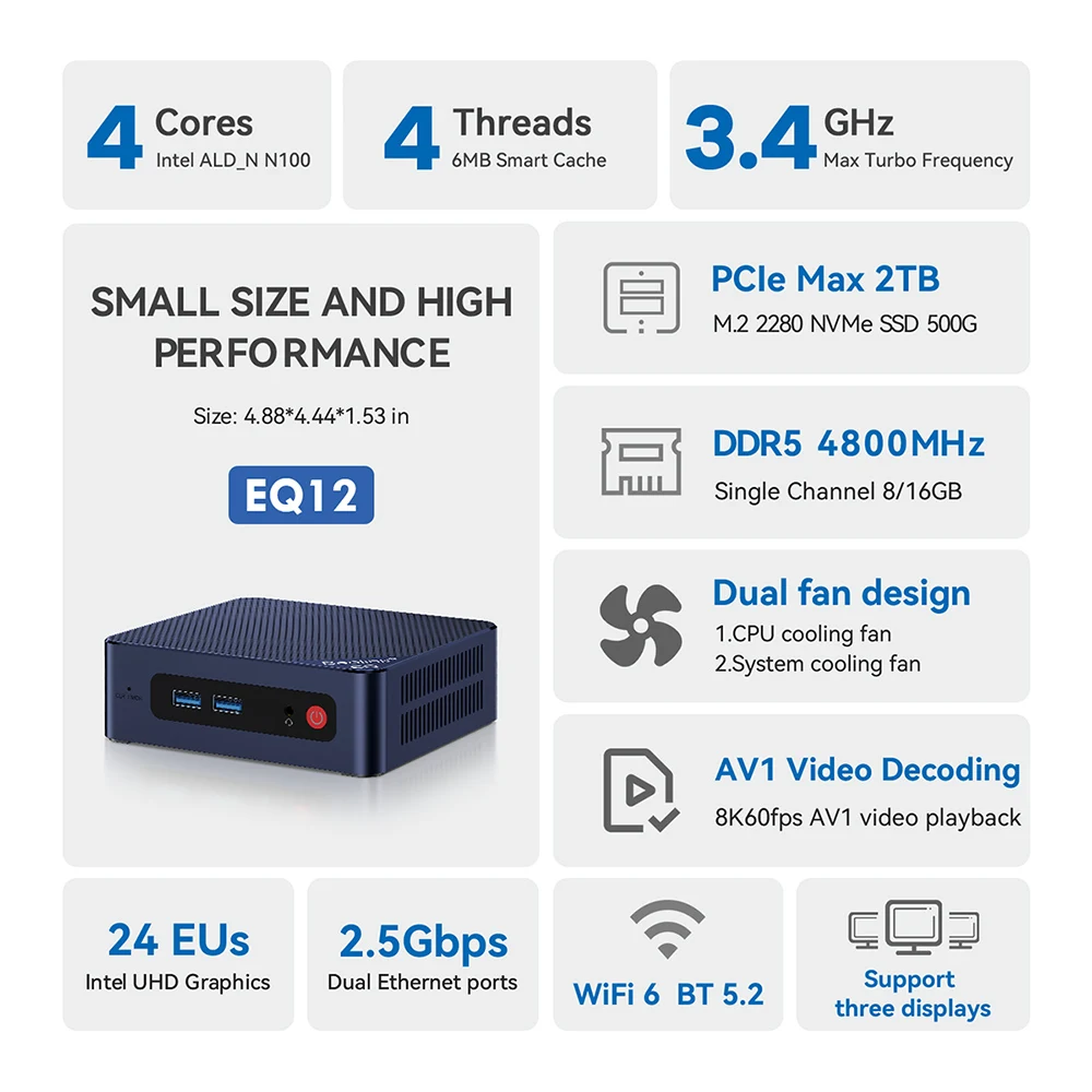 Beelink EQ12 N100 미니 PC DDR5 Intel12th 16GB 500GB 지원 듀얼 2.5G 이더넷 유형 C 데스크탑 컴퓨터 VS Mini S12 Pro T8 Pro