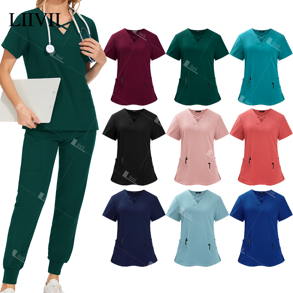 Uniforme de esteticista policromado, trajes cirúrgicos médicos, conjuntos de enfermagem para mulheres, calças superiores, artigos, uniforme de enfermeira, roupa de trabalho clínica