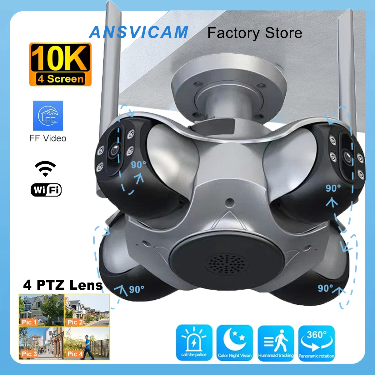 ANSVICAM 10K 20MP HD cuatro pantallas WiFi IP cámara inalámbrica al aire libre PTZ cuatro lentes humano seguimiento automático cámaras de vigilancia FFVideo