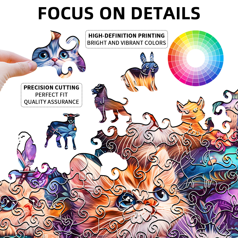 Adult wooden puzzle - Cute mushroom cat animal pattern - Unique irregular shape - Gift for puzzle enthusiasts and friends