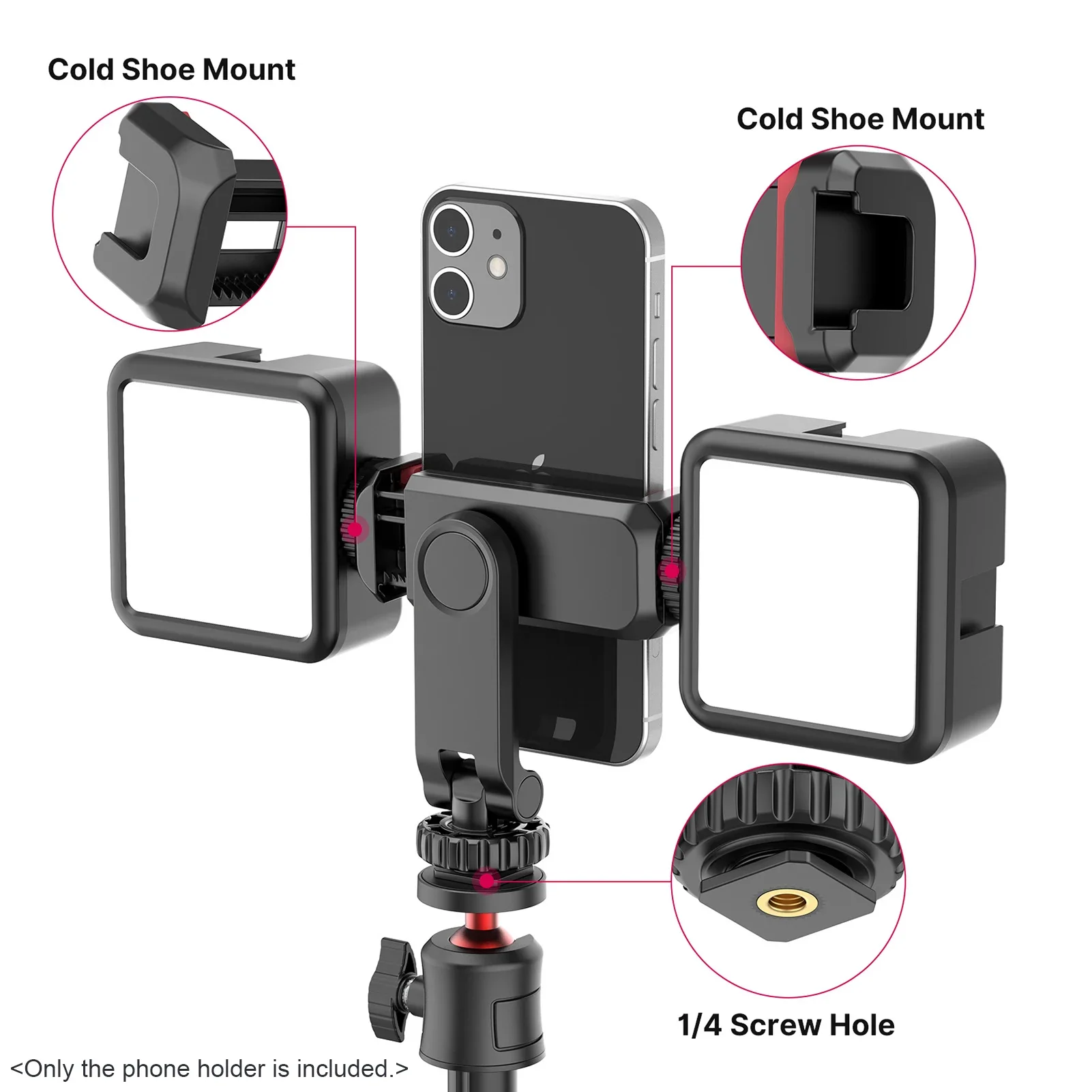 Phone Tripod Mount Rotatable with Dual Cold Shoe Mounts for Smartphone Vlog Multi-functional Phone Holder Clamp